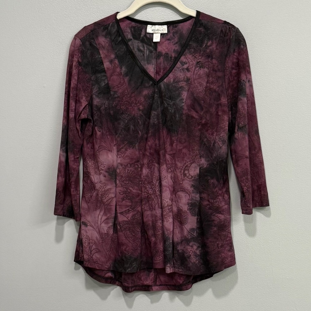 Whimsigoth witch Petite Purple Black Paisley V-Neck Pintuck 3/4 Sleeve Top PS